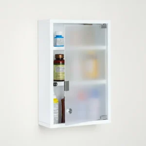 White wall mounted medicine cabinet with lock featuring a frosted glass door and three fixed shelves for secure, organized medicine storage.