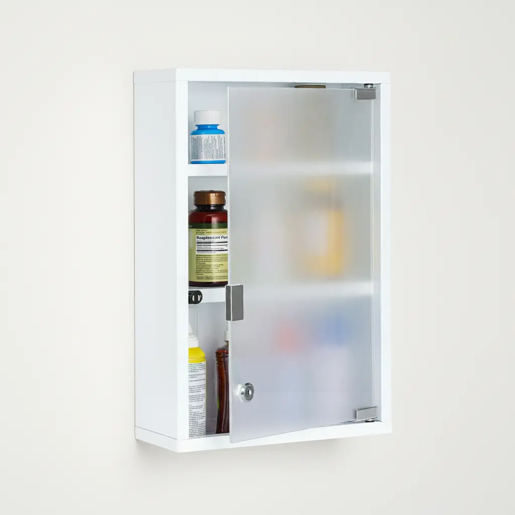 White wall mounted medicine cabinet with lock featuring a frosted glass door and three fixed shelves for secure, organized medicine storage.
