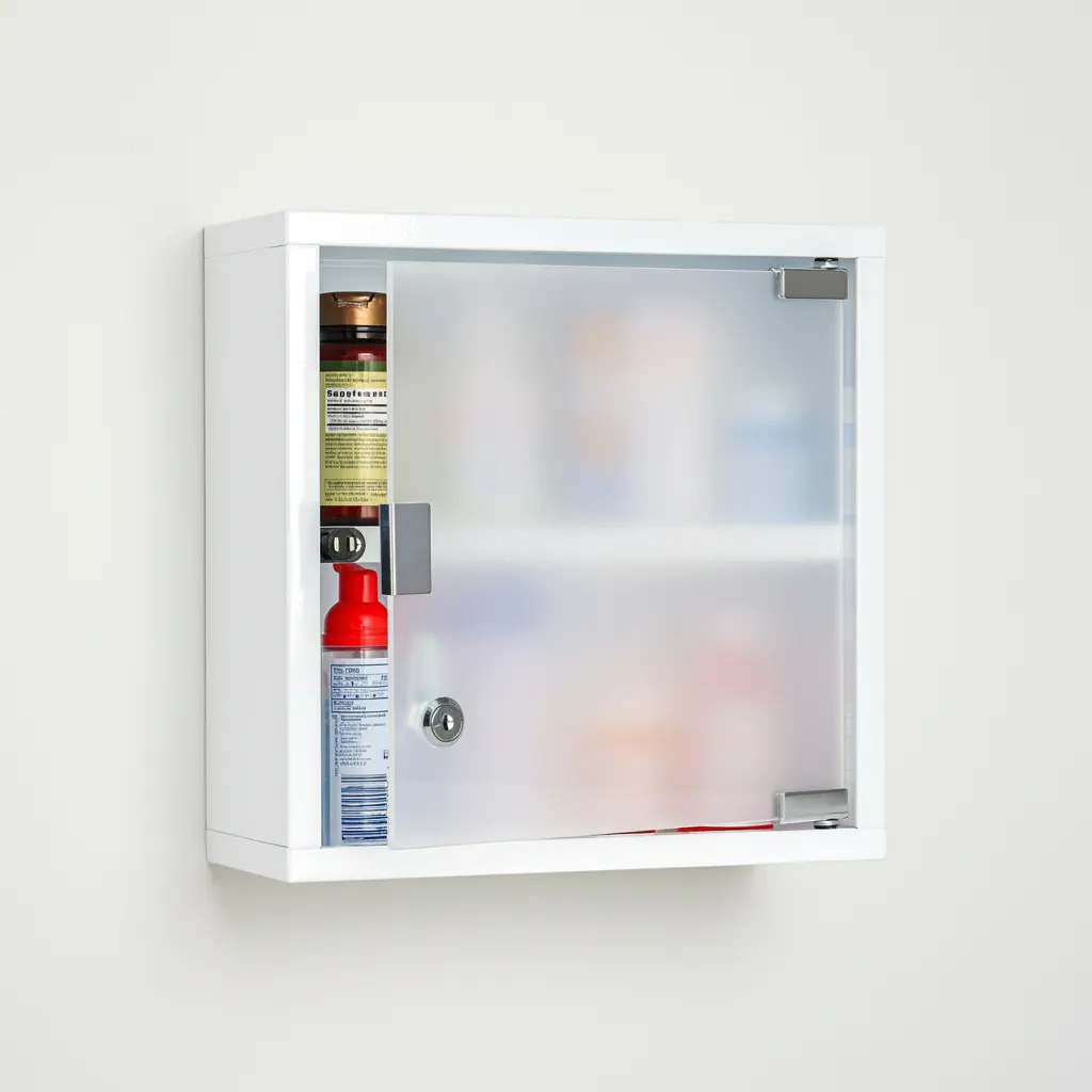 White bathroom medicine cabinet with lock (11.8" W x 11.8" H) featuring a frosted door and two uniform shelves for secure locking medication cabinet storage.