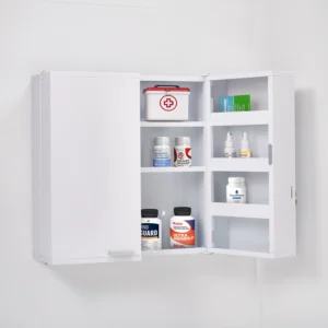wall mount locked cabinet for medicine storage filled with medicine bottles and first aid supplies