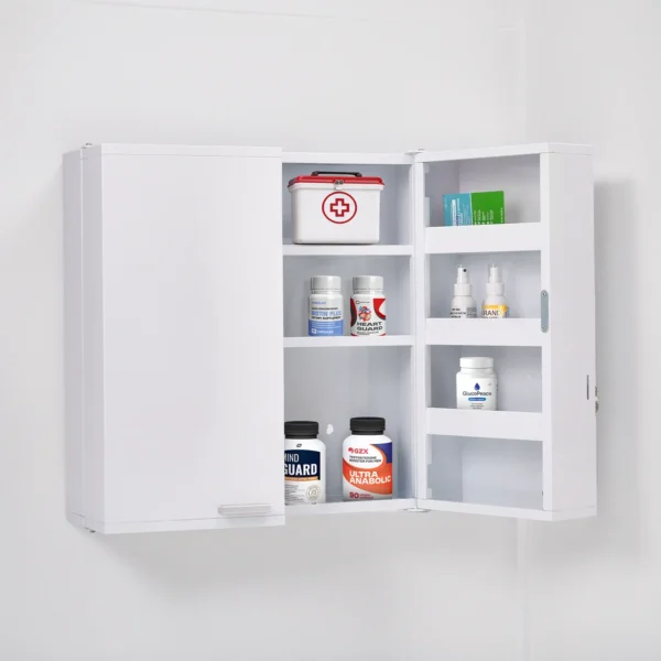 wall mount locked cabinet for medicine storage filled with medicine bottles and first aid supplies