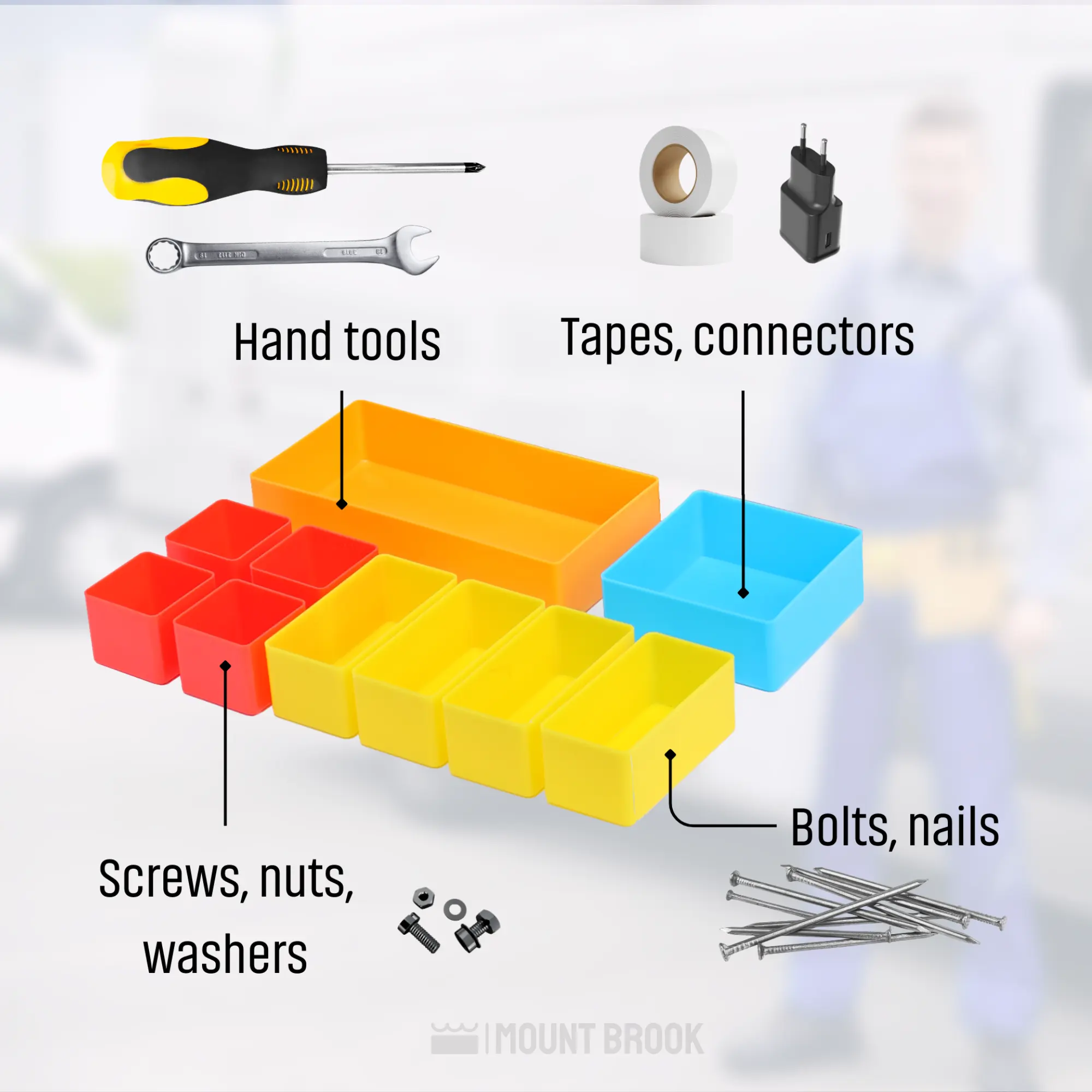 Small Parts Storage Compartment Cups in 4 Colors and Sizes for Easy Sorting of Hand Tools, Screws, Nuts, Bolts, Nails, Tapes, Washers by Mount Brook