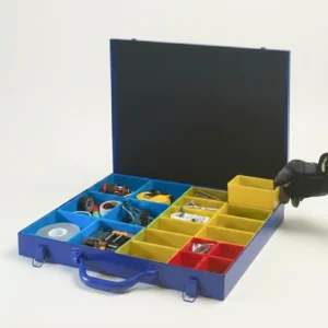 Blue screw and small parts organizer with removable bins for bolts, screws, nails, and nuts.