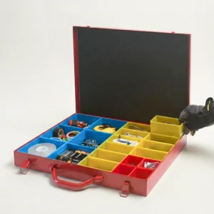 Red screw and small parts organizer with removable bins holding bolts, screws, nails, and nuts.