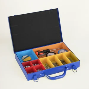 Mount Brook blue metal small tool box with 10 removable bins for small parts storage, ideal for screws, nails, bolts, and hardware.