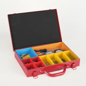 Mount Brook Red small parts organizer with 10 removable bins inside a heavy-duty steel storage container for screws, bolts, nails, and hardware.