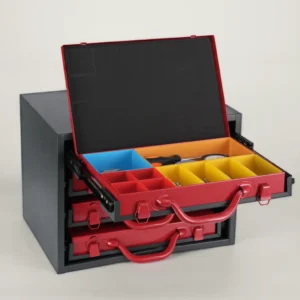 steel 4 drawer small parts cabinet, black/red