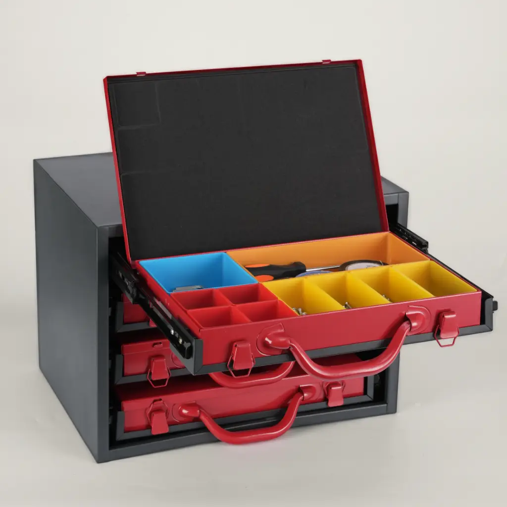 steel 4 drawer small parts cabinet, black/red