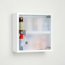 White bathroom medicine cabinet with lock (11.8" W x 11.8" H) featuring a frosted door and two uniform shelves for secure locking medication cabinet storage.